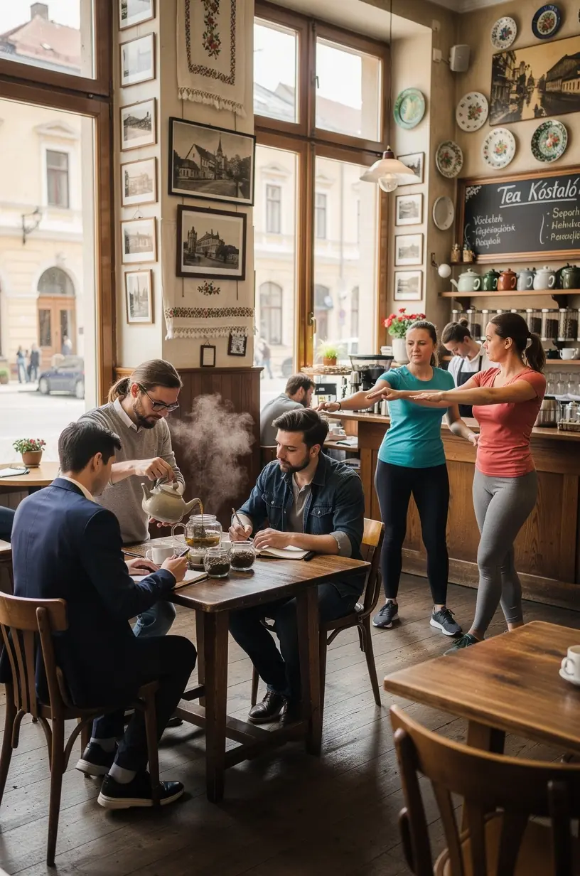 Közeli kép a tealevélből készült forró italról, mellette fitnesz eszközök jelzik a mozgás fontosságát.