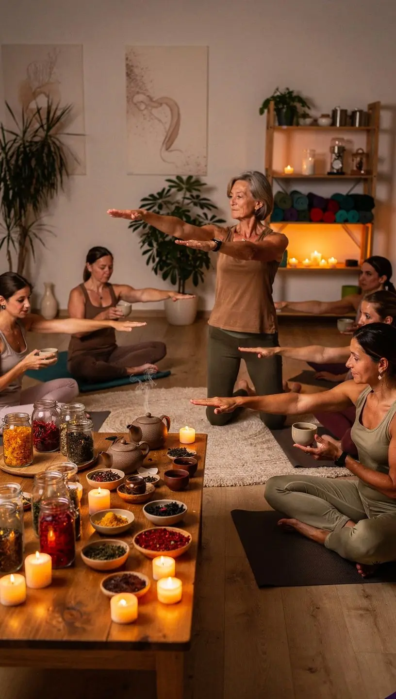 Csoportos könnyű torna, miközben a résztvevők teázással támogatják a testi-lelki egyensúlyt.