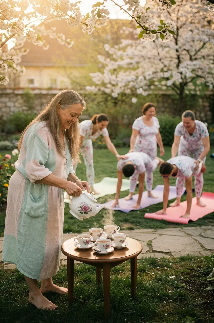 Egy csésze gőzölgő zöld tea asztalon, mellette kényelmes jóga matrac és lágy fények.