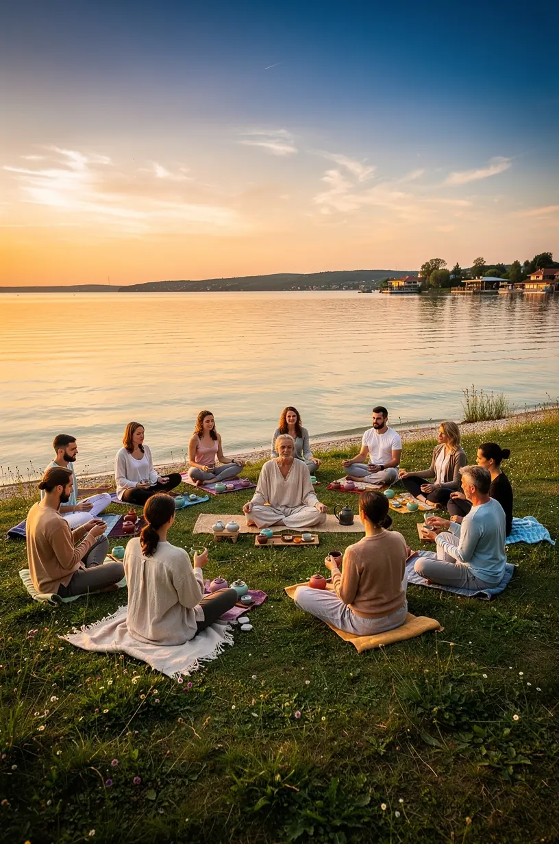 Csendes reggeli pillanat, ahol egy férfi meditál és kortyol teát a természet lágy ölén.