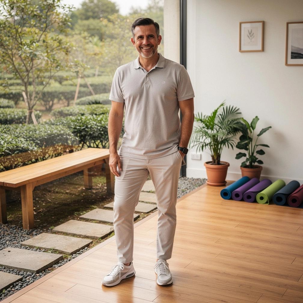 Frissítő zöld tea csésze mellett lágy nyújtózkodó mozdulatokat végző nő a reggeli fényben