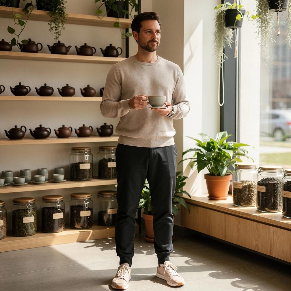 Természetközeli környezetben végzett könnyű torna, háttérben egy finom teával megterített asztal